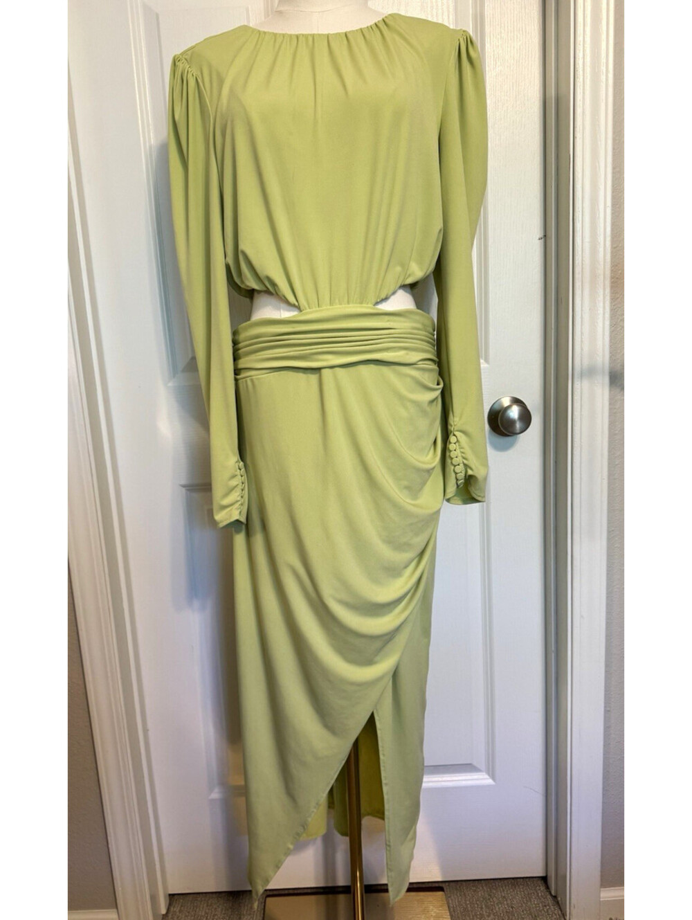 Self-portrait Green Cut-Out Midi Dress Long Sleeve, Size US 10